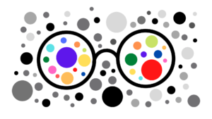 glasses with colored dots of various sizes inside the lenses and grey dots outside the lenses